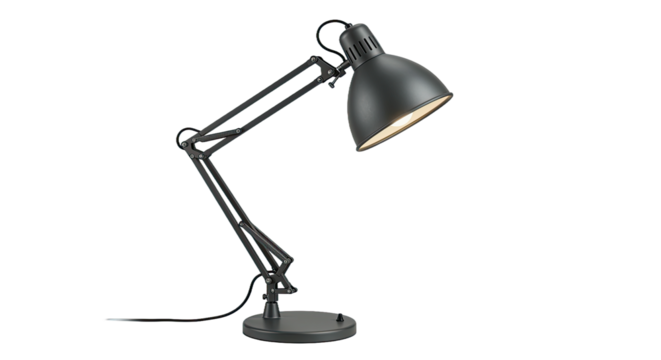 Black articulated desk lamp with adjustable arm and metal shade.