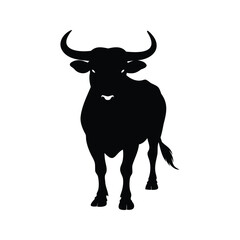 Black Silhouette of a Bull with Long Horns on White Background, bull with raised head silhouette vector illustration