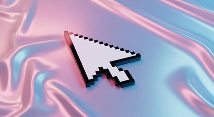 Pixelated computer mouse cursor arrow on a shimmering iridescent fabric background