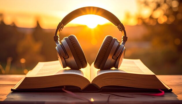 Headphones rest atop an open book, bathed in warm sunlight, suggesting a tranquil listening experience. - Powered by Adobe