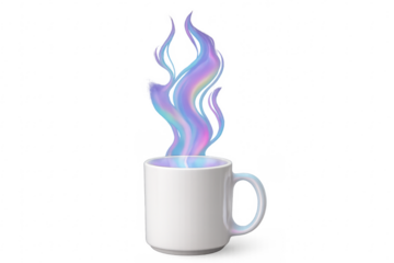 White mug with magical iridescent steam rising