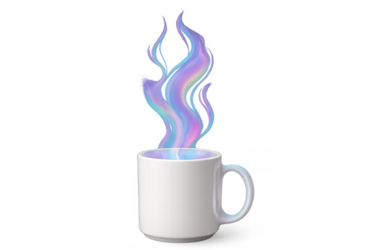 White mug with magical iridescent steam rising
