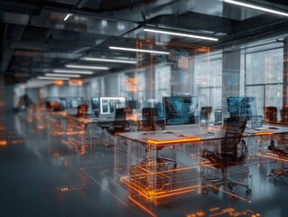 A modern office space with digital overlays, showcasing futuristic technology and virtual workstations.
