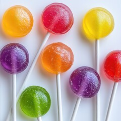Top-down view of colorful round lollipops with white sticks on a white background