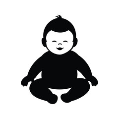 Black silhouette illustration of a smiling baby sitting in a lotus position, newborn baby silhouette vector illustration