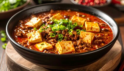 Fototapeta premium Spicy tofu and ground meat stew in a bowl