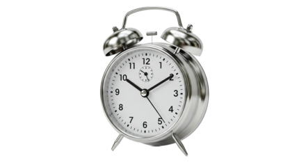 Classic Silver Twin Bell Alarm Clock on White Background.