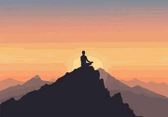 Silhouette of person meditating on mountain peak during sunset, meditation, silhouette, person, man, woman, meditating, yoga, zen, peace, calm, relaxation, mindfulness, spiritual, wellness, health, ex