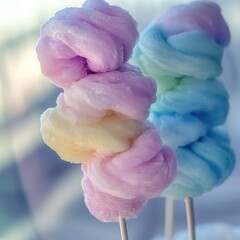 Vertical stack of tiered pastel cotton candy on sticks with soft cool backlighting