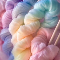 Macro close-up of braided rainbow pastel cotton candy twists on sticks