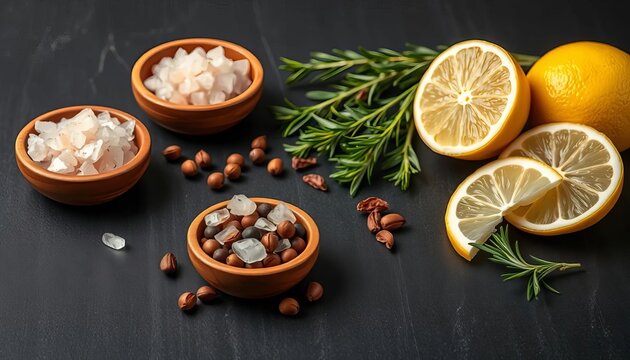 Dark background, wooden bowls, pink Himalayan salt, peppercorns, rosemary, thyme, lemon slices,  herbs,  background - Powered by Adobe