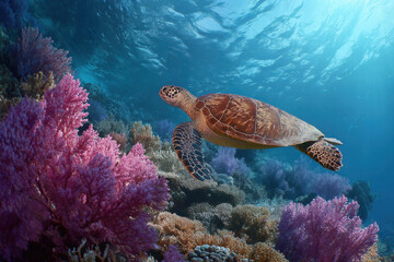 Obraz premium Sea turtle swimming peacefully near colorful coral reef
