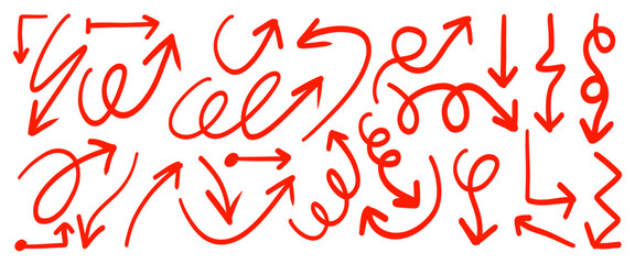 Hand drawn red arrows isolated on white background, direction and navigation