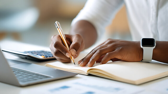 Person with smartwatch writing in notebook near laptop and calculator pencil