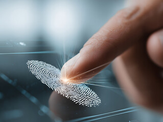 Close up of finger touching digital screen with glowing biometric fingerprint scan, representing security, identification, and modern technology innovation