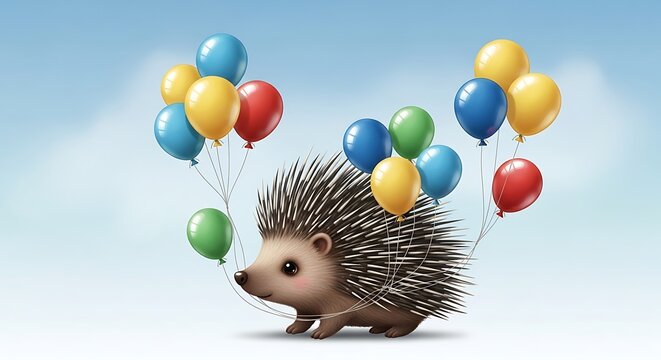 Cute Hedgehog with Colorful Balloons.