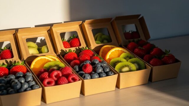 Fruits in cardboard boxes display