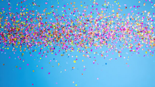 Colorful confetti falling dynamically against a solid blue background, conveying a sense of joyful celebration.