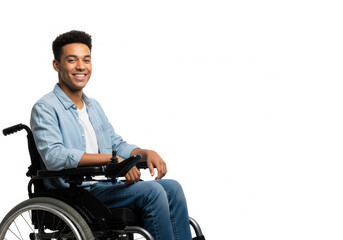 Smiling man wheelchair wearing casual clothing, confident