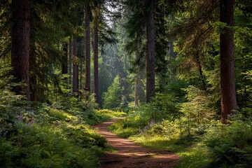 Fototapeta premium Forest Path Through Sunlight Dappled Trees