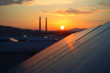 Obraz premium Generative AI image showing contrast between solar panels and industrial pollution during sunset, energy transition concept