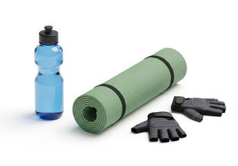 Green yoga mat and gym gloves with water bottle