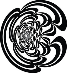 The image is a black and white vector design. The pattern has a central flower-like shape and spiraling lines radiating from the center.