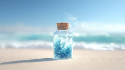 Bottle of water is on the beach with the ocean in the background. The bottle is half full and the water is blue