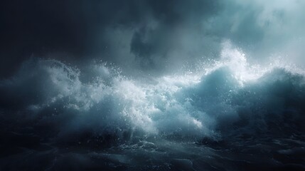 Fototapeta premium A powerful and dramatic ocean wave crashes forcefully beneath a dark turbulent storm sky illustrating the raw energy of the sea