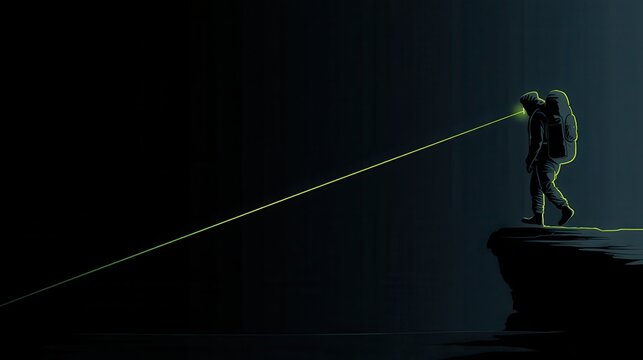 Explorer on cliff edge in neon green atmosphere