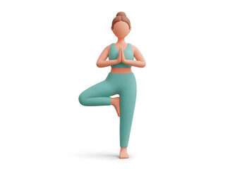 Yoga woman in tree pose wearing teal activewear, calm