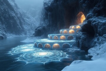 Bridge over frozen river with building in the middle.