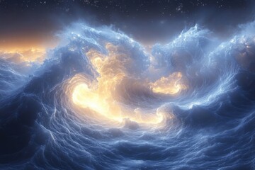 Blue and yellow swirl in dark ocean waters.