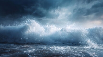Fototapeta premium A massive ocean wave crashes violently under a dark stormy sky showcasing the immense power of nature