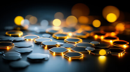 Black and gold hexagonal pattern made up of many small circles that are all connected to each other