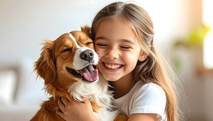 Happy girl hugging a dog.  A close-up of a young girl embracing a dog