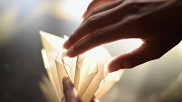 Close-up of Hands Gently Folding Delicate Paper into a Fan Shape with Backlit Lighting