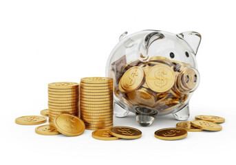 Glass piggy bank with gold coin savings and financial optimism