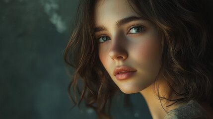 Elegant studio portrait of a young woman with cinematic soft lighting and shallow focus, showcasing flawless skin texture, natural beauty, and refined modern style