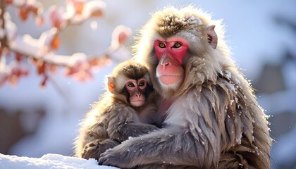 Obraz premium Japanese Macaque Mother and Baby in Snow.