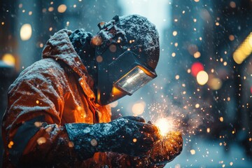 A welder welding in the snow.