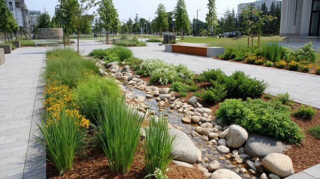 Park landscape with water feature and stone path