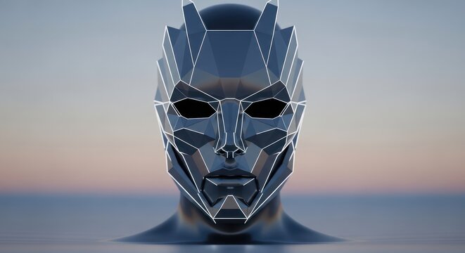 Futuristic geometric mask on stylized face against a serene sky backdrop creating a modern digital - Powered by Adobe