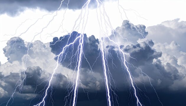 In night sky multiple strong lightning bolts hitting dark clouds extreme weather concept for nature force and crisis thrilling dangerous atmosphere