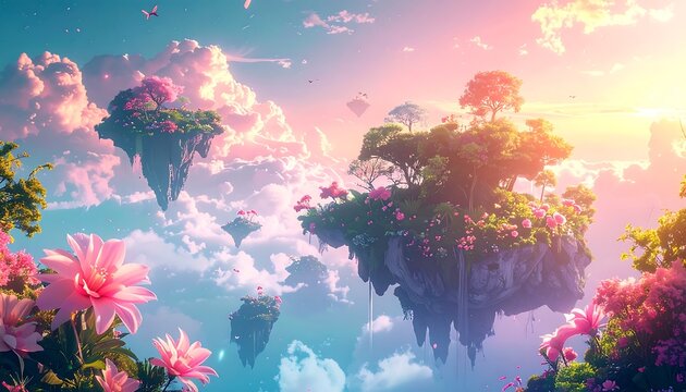 An ethereal, painted vista featuring floating islands adorned with vibrant flora against a pastel-colored sky