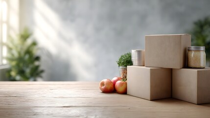 Stacked cardboard boxes fresh s and a jar of food on a rustic wooden table with bright natural light streaming through a window