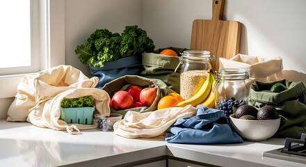 Abundant fresh groceries displayed on a kitchen counter ready for healthy meals.