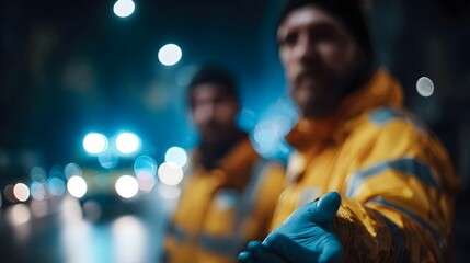 Emergency responders in yellow jackets extend a helping hand on a dark city street at night