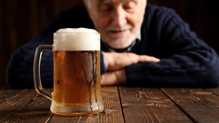 Somber elderly gentleman gazes at a chilled glass of beer resting on a wooden surface. Touching on themes of solitude, dependency, and psychological well being