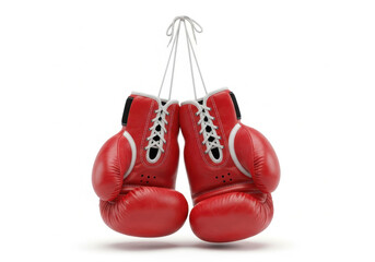 Red boxing glove hanging with tied laces, powerful emotion